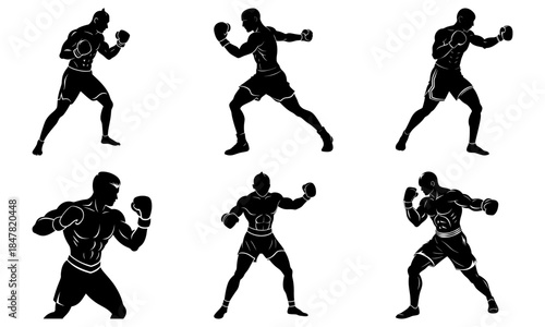 Six Black Silhouettes of Boxers in Fighting Stances with Gloves on White Background boxing fighters
