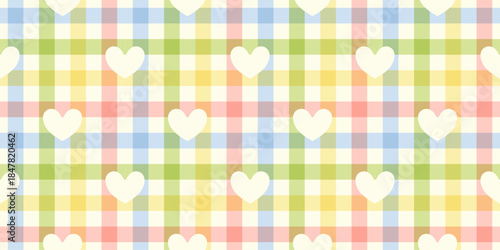 Rainbow gingham seamless pattern with white hearts