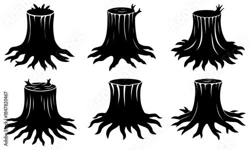 Six Black Silhouette Tree Stumps with Roots on White Background