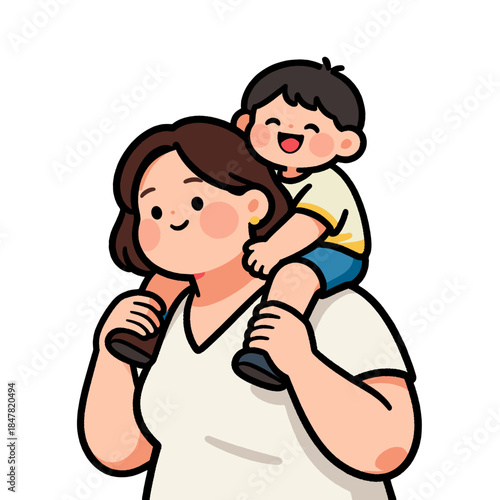[Vector EPS]Mother carrying her child on shoulders showing a warm family moment