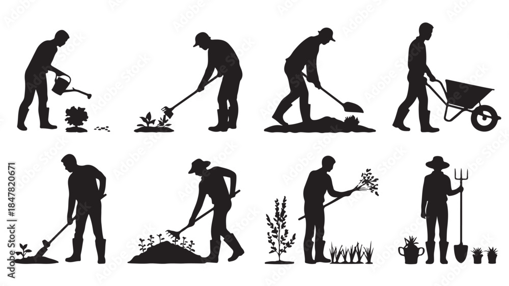 Obraz premium Farmer Working in Field Silhouettes in Simple Monochrome Style with Black Color on White Background for Gardening Illustration
