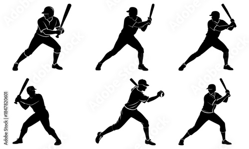 Five Baseball Players in Batting and Pitching Silhouettes on White Background