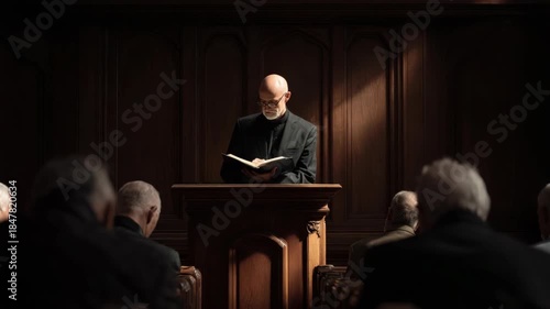 Wallpaper Mural Elderly priest reading from a book at a wooden pulpit in a dimly lit church, surrounded by elderly men, concept of sermon or worship Torontodigital.ca