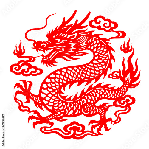 [Vector EPS]Red Chinese dragon with clouds and flames illustration