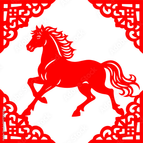 [Vector EPS]Red paper-cut horse with decorative corner patterns