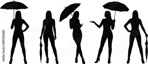 Woman silhouette icon set holding umbrellas in elegant poses, fashionable female figures in black vector illustration isolated on white