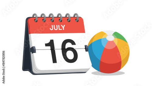 Brightly colored beach ball rests beside a desktop calendar displaying July 16th, symbolizing the arrival of summer vacation and leisure time