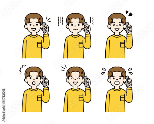 スマートフォンで通話する・話す、10代・20代の男性の上半身ベクターイラスト素材セット＿カラー