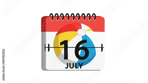 Vibrant calendar display highlighting July sixteenth, prominently featuring a festive beach ball, symbolizing joyful summer holidays and exciting