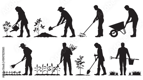 Gardener Silhouettes in Various Gardening Activities with Simple Black Illustrations on White Background for Web Graphics