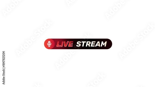 Live Stream Button with Microphone Icon, Modern Red Black Gradient Broadcast Label for Online Streaming, Podcast, Webinar and Social Media