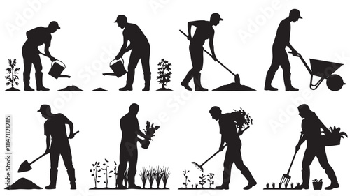 Gardener Silhouettes in Various Gardening Activities with Black Profiles on White Background for Agricultural Illustration