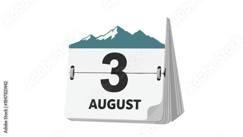 Graphic illustration of a flip calendar page displaying the third of August with a scenic mountain range backdrop, perfect for highlighting specific
