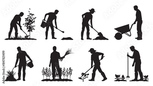 Gardener Silhouettes in Various Gardening Activities with Black and White Illustration for Landscaping and Horticulture Use