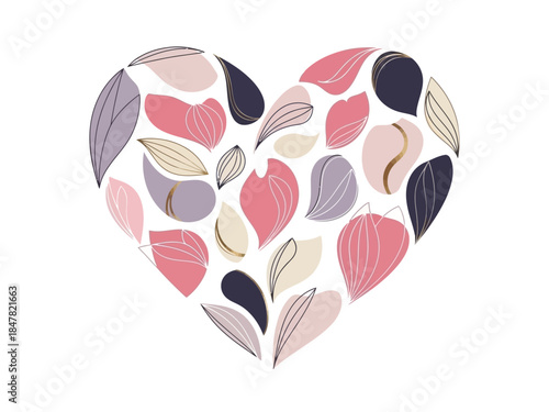 Heart shape formed by overlapping abstract leaflike shapes in pinks purples and navy