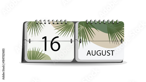 A clear illustration of a modern flip calendar showing August 16th, adorned with natural-looking green tropical palm leaf patterns. Perfect for