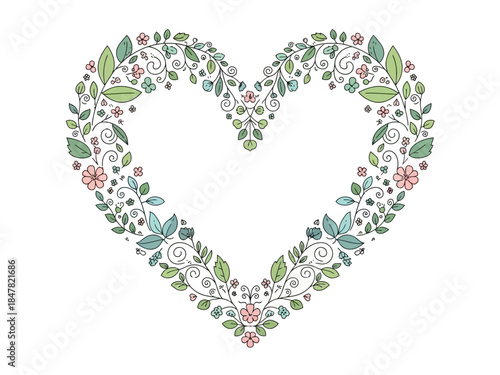 Heart shape outlined with stylized green leaves and small pink and blue flowers