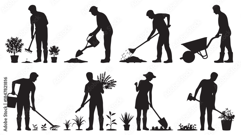 Obraz premium Gardener Silhouettes in Various Gardening Activities with Black Profiles on White Background for Horticulture Illustration