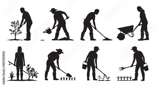 Gardener Silhouettes in Various Gardening Activities with Black and White Illustration Style for Agriculture and Horticulture