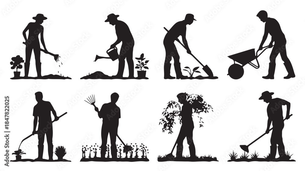 Obraz premium Farmer Silhouettes Gardening Activities Black and White Vector Illustrations for Agricultural Design