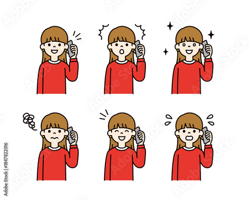 スマートフォンで通話する・話す、10代・20代の女性の上半身ベクターイラスト素材セット＿カラー