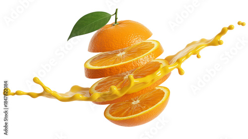 A slice of orange is shown with a splash of orange juice. The orange is cut in half and the juice is splattered around it