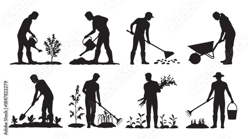 Gardener Silhouettes Gardening Activities Black White Illustration for Horticulture