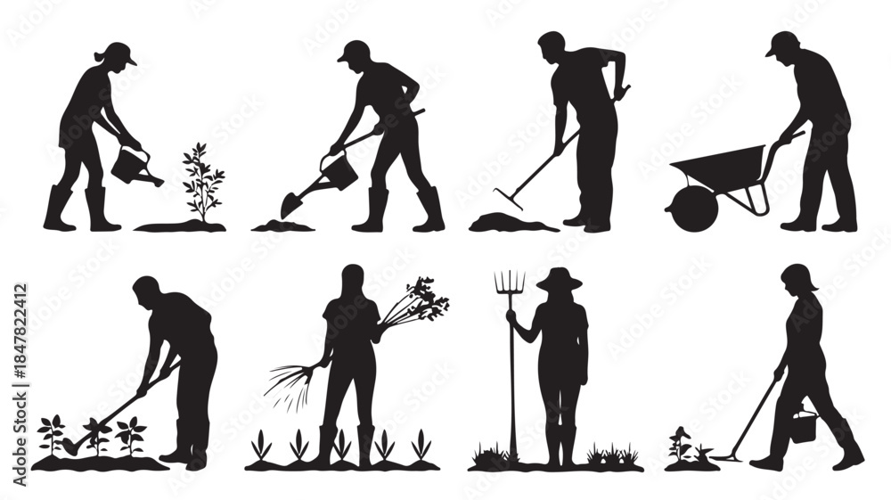 Fototapeta premium Farmer Gardening Silhouettes in Various Actions with Simple Black and White Illustration Style for Agricultural or Gardening Concepts