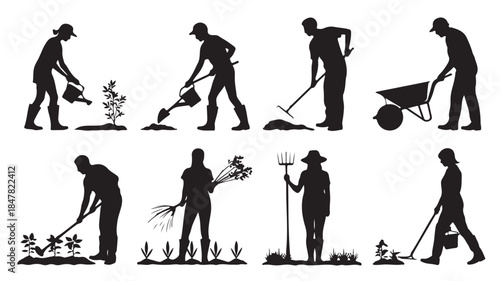 Farmer Gardening Silhouettes in Various Actions with Simple Black and White Illustration Style for Agricultural or Gardening Concepts