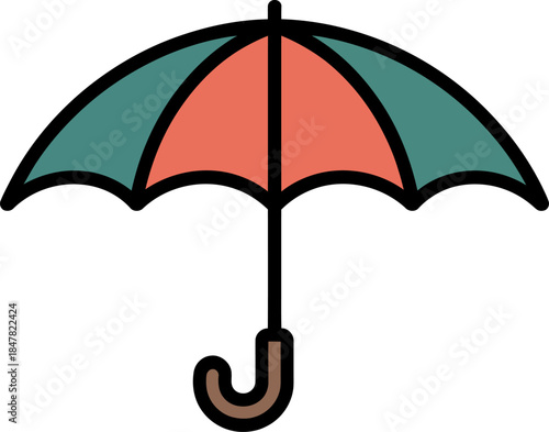 Simple flat icon design of an open umbrella with coral and teal panels providing protection from rain or sun, representing safety, weather, or travel accessory.