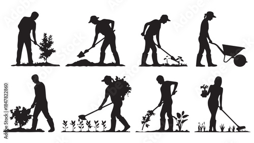 Gardener Silhouettes in Various Gardening Activities in Black and White Illustration for Horticulture