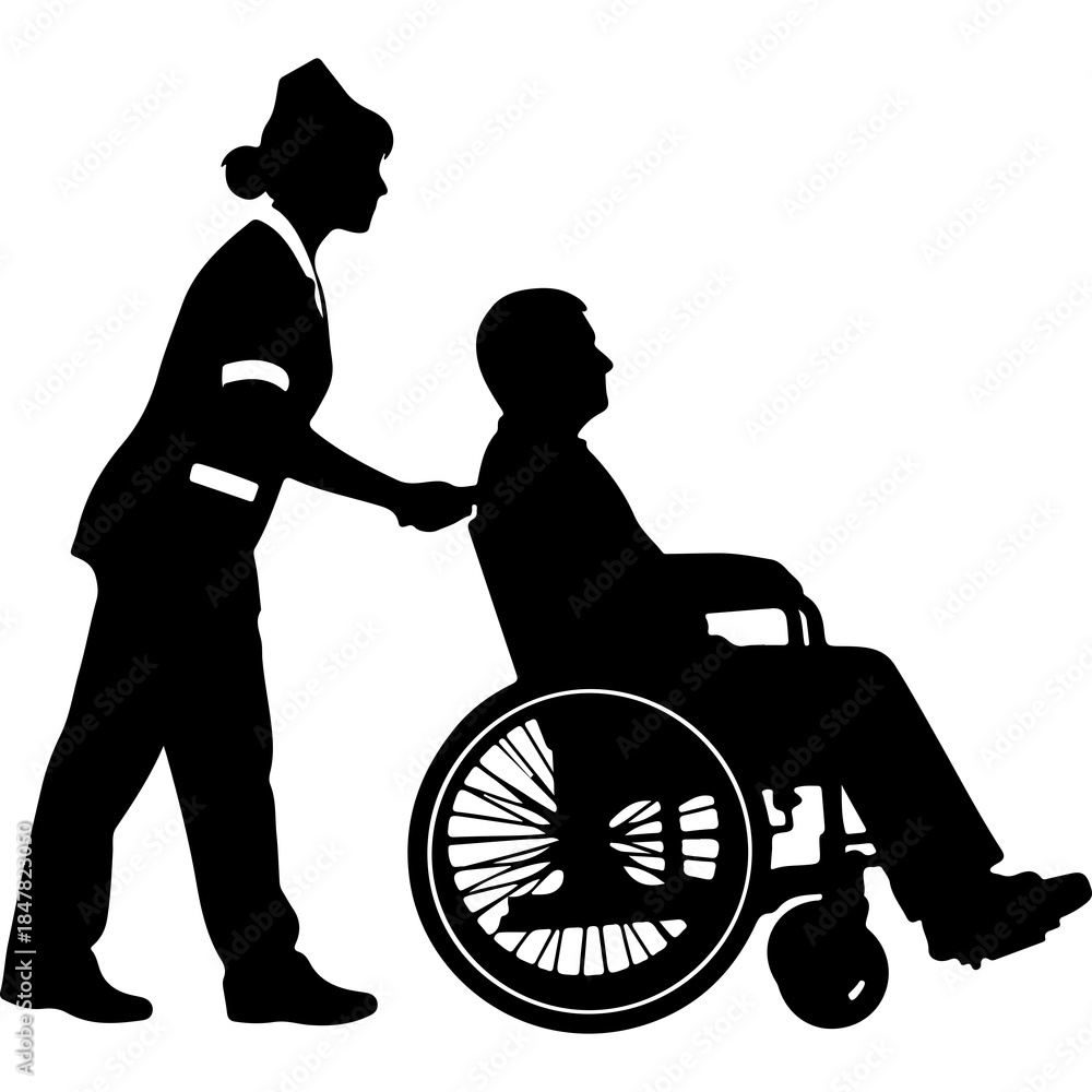 Obraz premium Nurse assisting patient in wheelchair with transparent background
