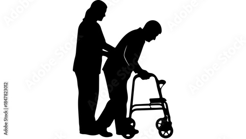 Caregiver assisting senior woman with walker with transparent background
