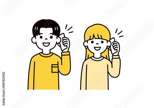 スマホで通話・会話する、若い男女・カップルのシンプルなベクターイラスト素材セット