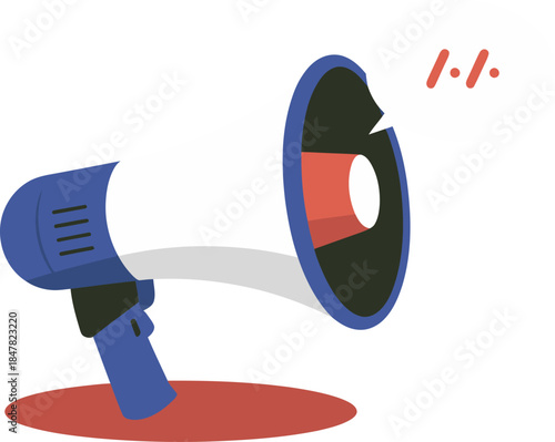 A blue and white megaphone is broadcasting a message with sound waves.