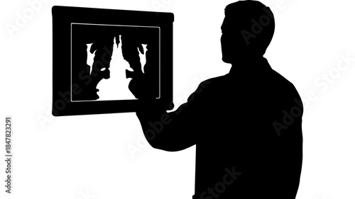 Man viewing artwork with faces and spire