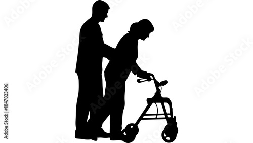 Man assisting senior woman with walker with transparent background