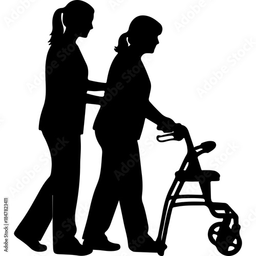 Caregiver assisting senior woman with walker with transparent background