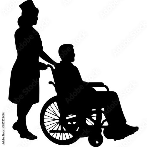 Nurse assisting patient in wheelchair with transparent background