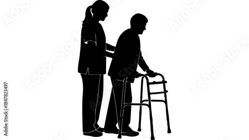 Caregiver assisting senior man with walker with transparent background