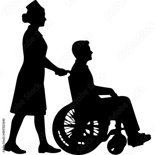 Nurse assisting patient in wheelchair with transparent background