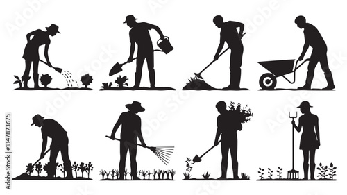 Gardener Silhouettes in Various Gardening Activities with Black and White Illustration Style for Agricultural and Horticultural Use