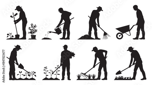 Gardener Silhouettes in Various Gardening Activities with Black and White Illustration Style for Agricultural and Horticultural Use