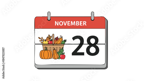 Autumn harvest calendar page featuring November 28, adorned with a bountiful basket of seasonal fruits and vegetables, ideal for fall holiday themes