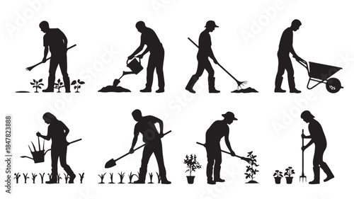 Gardener Silhouettes in Various Gardening Activities with Tools in Black and White Illustration for Horticulture