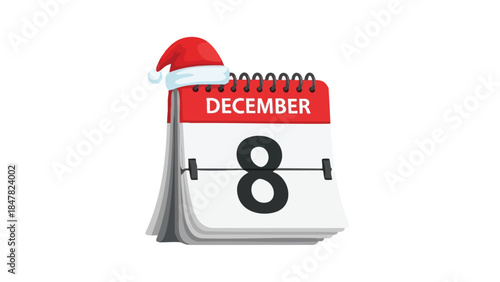 A vibrant calendar icon for December 8th, charmingly adorned with a classic red Santa hat, perfectly capturing the festive anticipation of winter