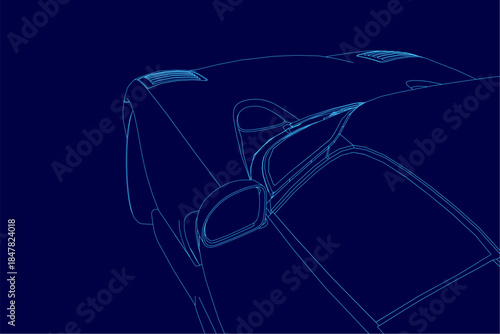 A sleek sport car contour in a dynamic blue line drawing stands out against a dark blue background.