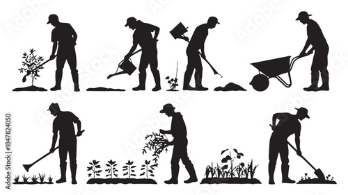 Gardener Silhouettes in Various Gardening Activities with Black and White Illustration for Horticulture