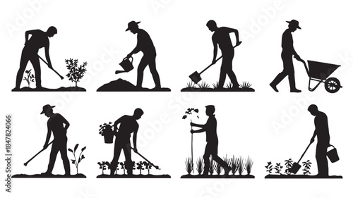 Gardener Silhouettes in Various Gardening Activities with Simple Black Illustration for Gardening Website