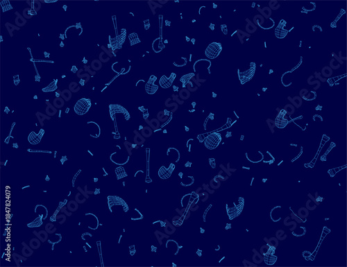 An animated musical instrument skeleton wireframe explodes into a symmetrical pattern. The blue background features a guitar, saxophone, drum set, and tambourine in a visually pleasing design.